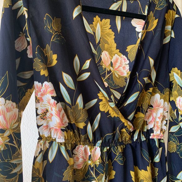 ๐ฟ Floral Navy Faux Wrap Midi Dress โ Vibrant & Romantic! ๐ฟ - Picture 3 of 3